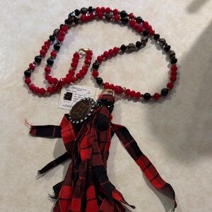 Red and Black Beaded Necklace with Tassel